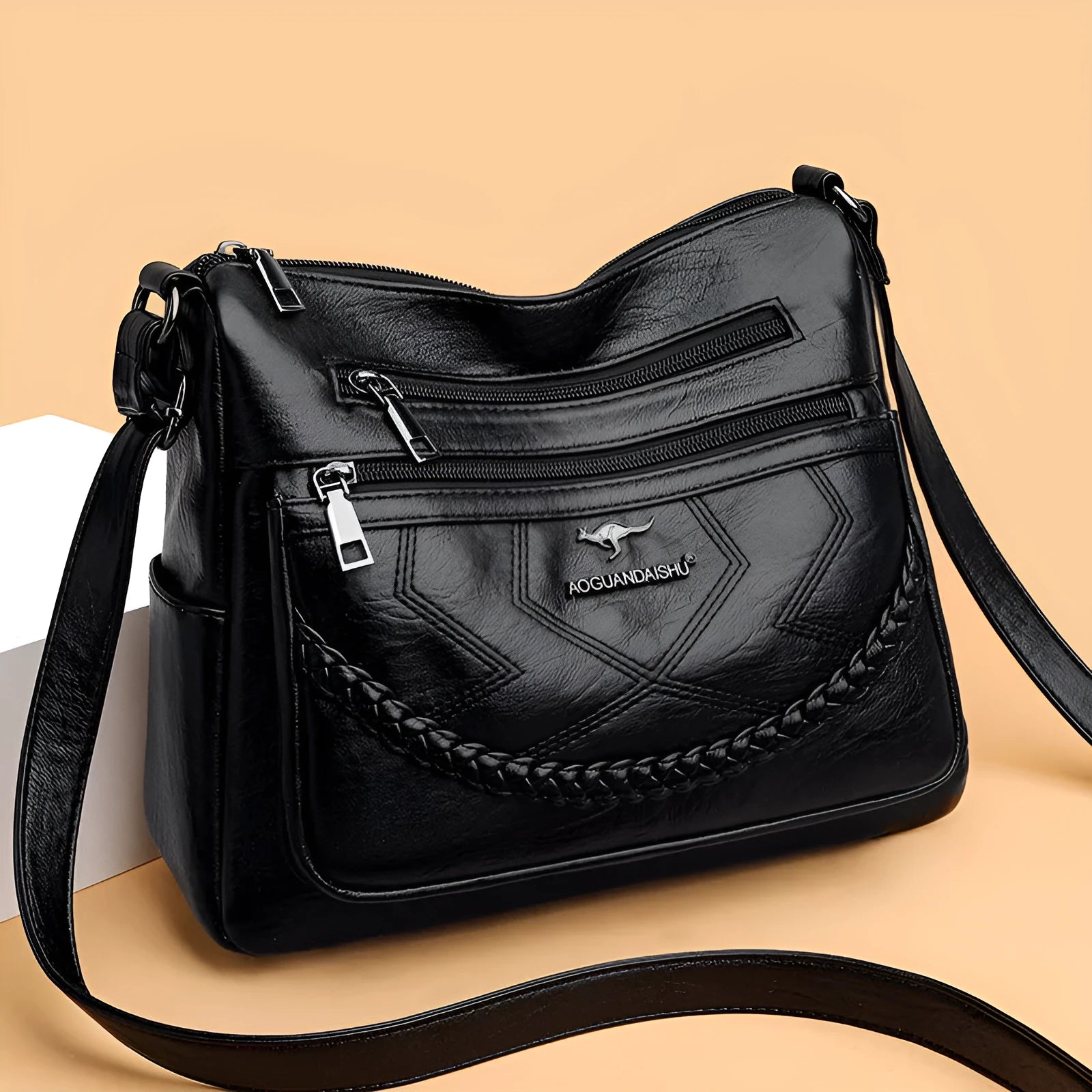 Women's soft leather crossbody shoulder bag in horizontal square design with large capacity