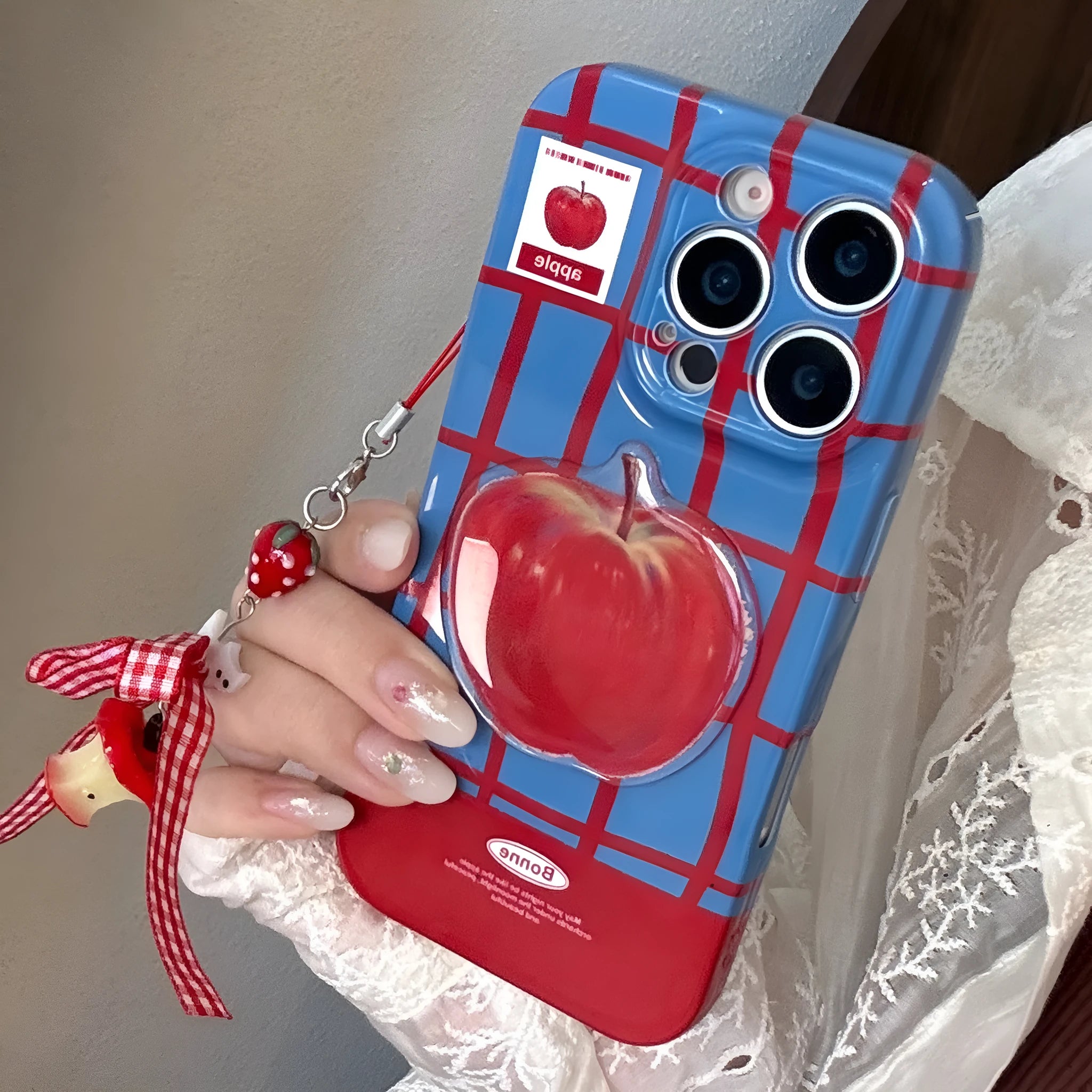 Full-coverage 3D checkered phone case with fruit pattern in Film Blue Red Grid colour, soft shell variant with little cat pendant.