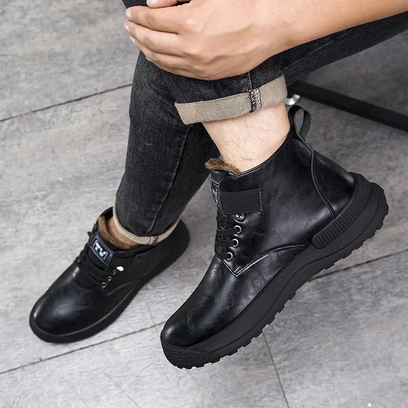 Men's black Martin platform boots with velvet upper and rubber sole on white background