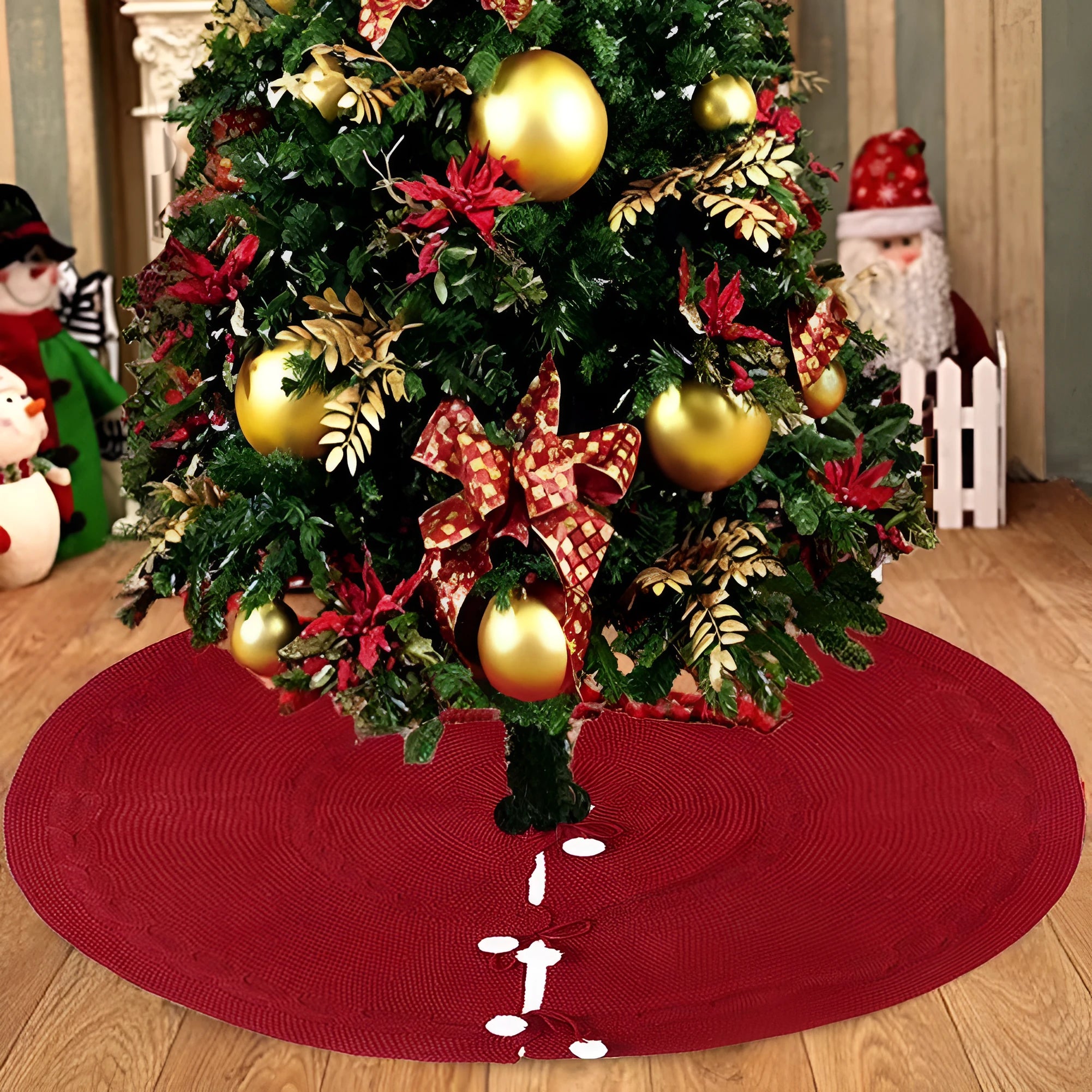 Wine red acrylic Christmas tree skirt 120cm diameter on floor under tree base