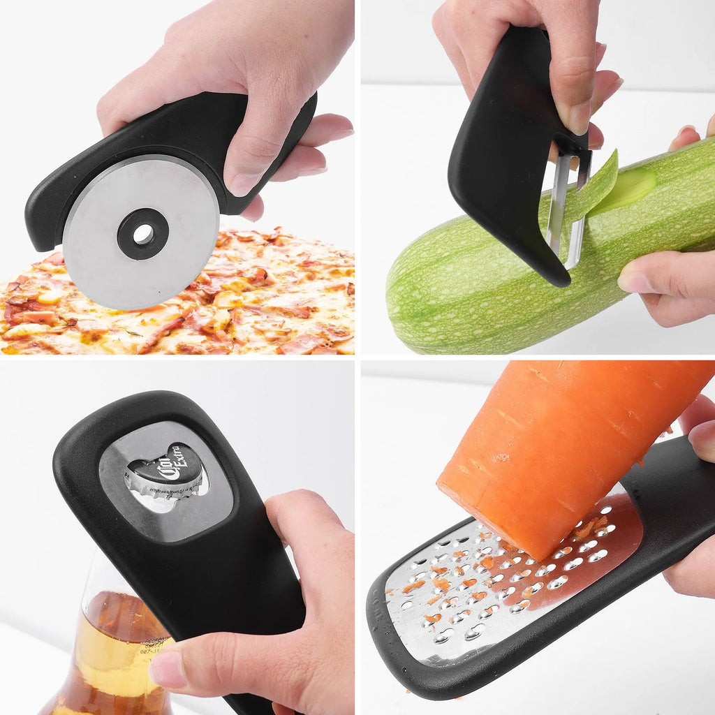 Stackable kitchen gadget set of six utensils and a brush in colour box packaging, PP and stainless steel construction