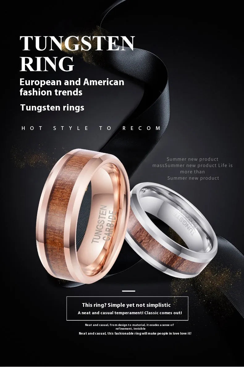 Men's tungsten carbide ring with leather inlay, showing rose gold and steel colour options in U-shape design.