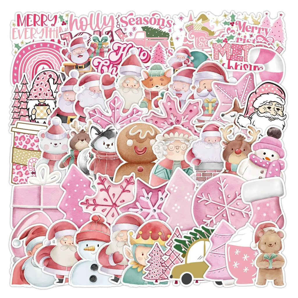 Pack of 50 cute Christmas-themed waterproof vinyl stickers for decorating cars, phones, and computers.