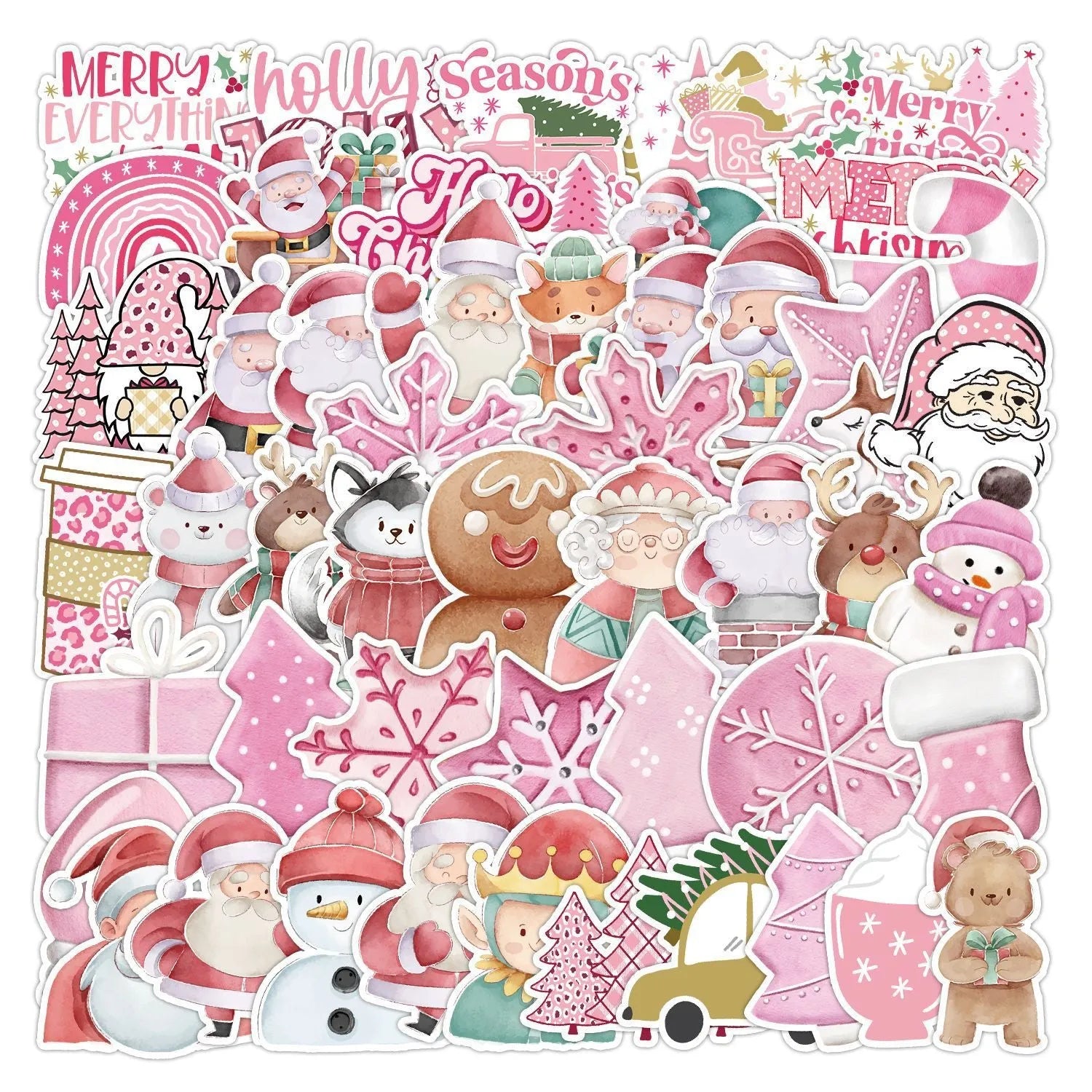 Pack of 50 cute Christmas-themed waterproof vinyl stickers for decorating cars, phones, and computers.