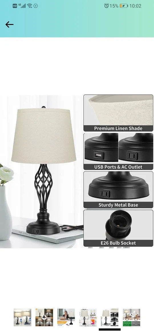 European style alloy bedside table lamp with touch controls and USB charging socket