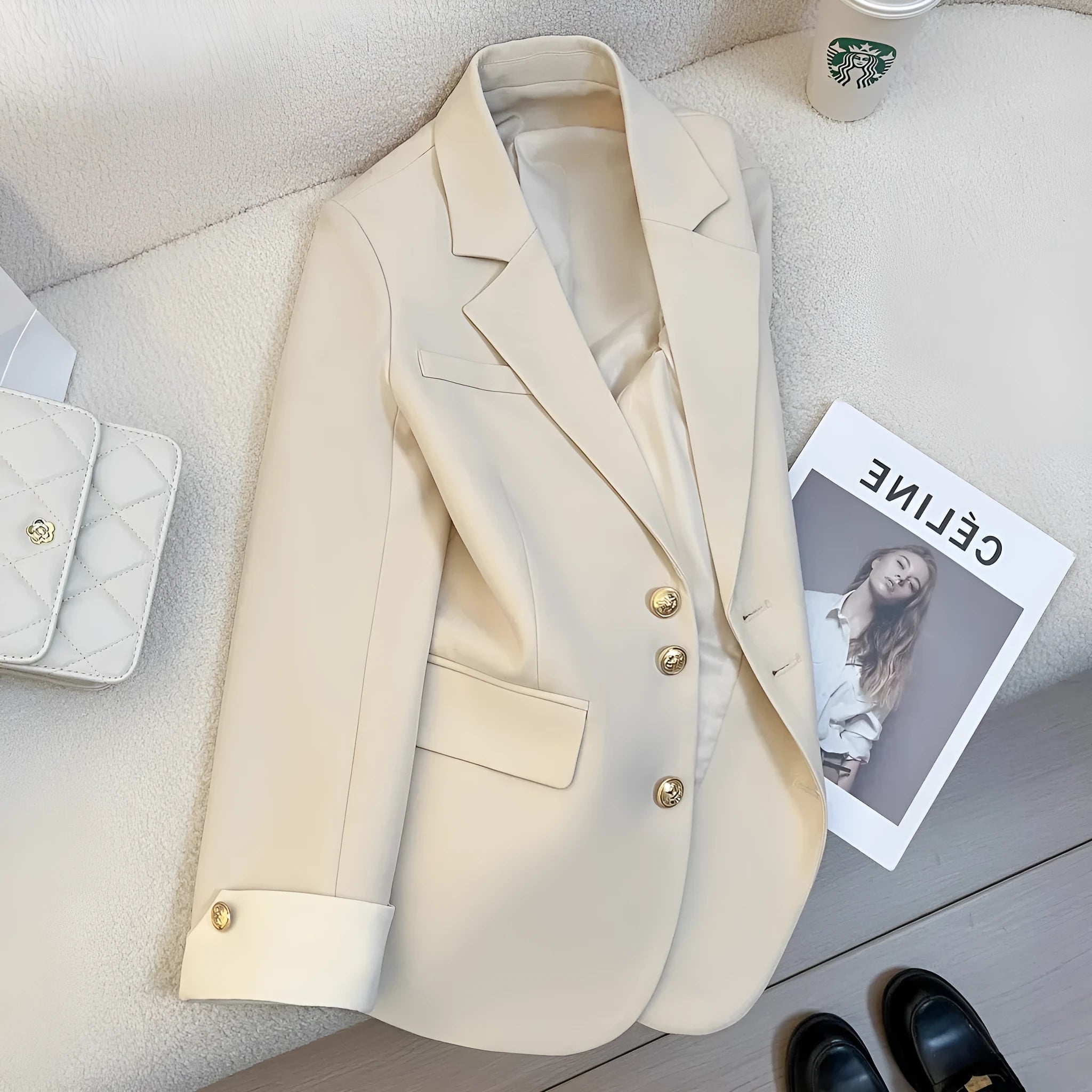 Korean style women's coat in milky white colour with loose fit and pockets