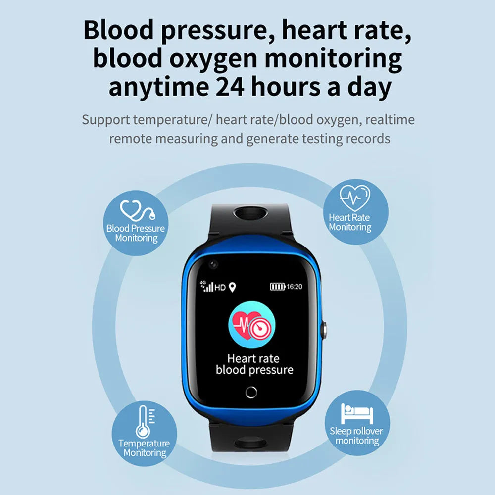 Black elderly safety smartwatch with square 1.3-inch screen and silicone strap, showing intelligent positioning interface.