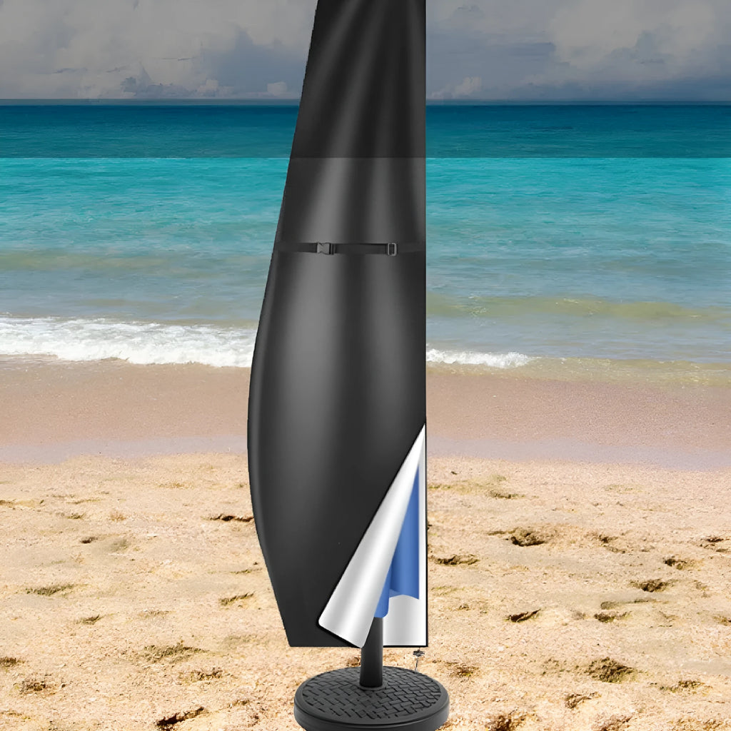 Black Oxford cloth cover for banana-shaped outdoor umbrella showing simple design