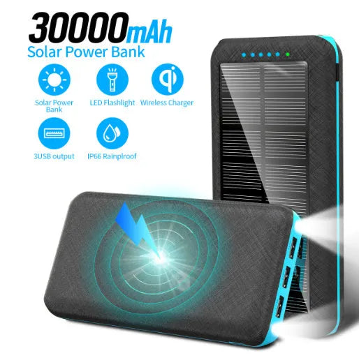 Portable solar power bank with Qi wireless charging and LED flashlight in black