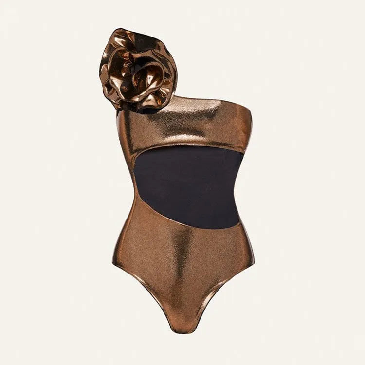 Gold handmade flower halter hollow out one piece swimsuit with tight fit