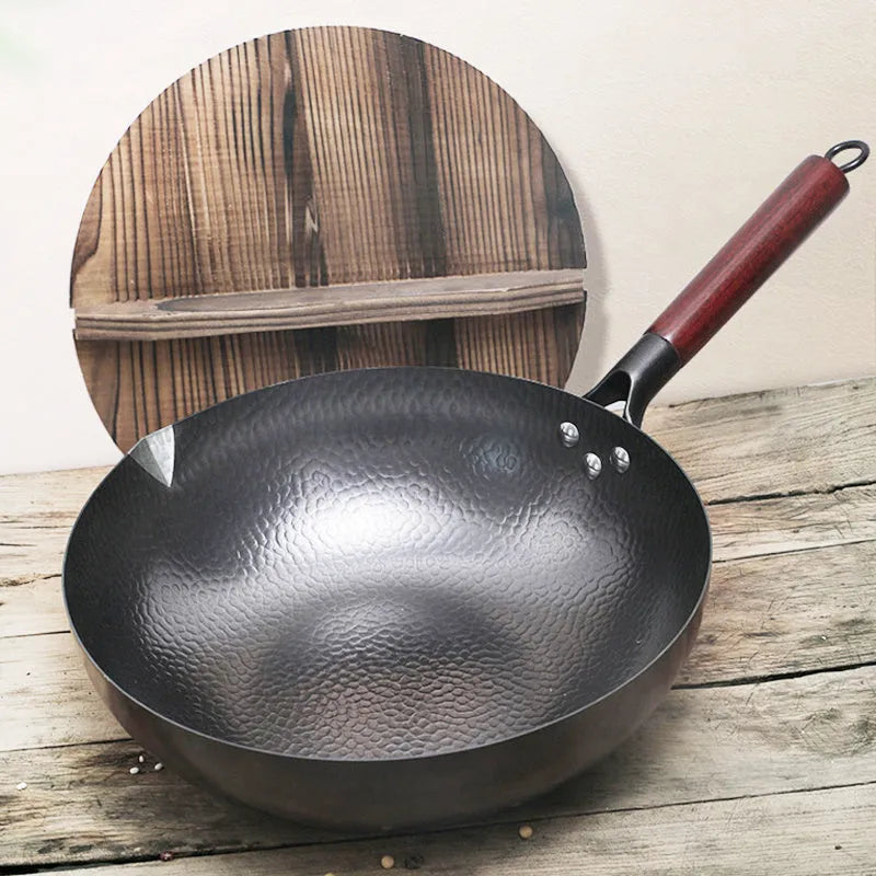 Traditional black iron wok with wooden handle, 40cm diameter
