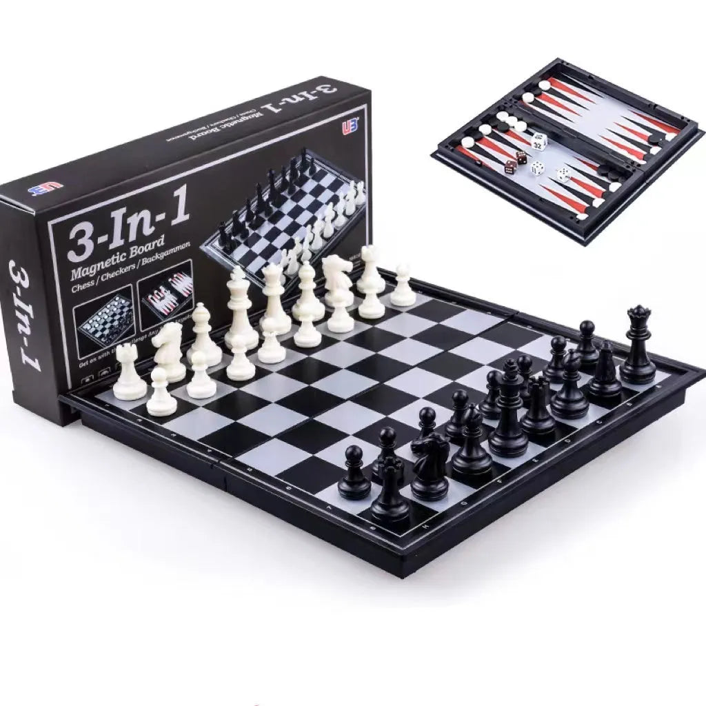 Three-in-one magnetic chess checkers backgammon board game with plastic board and ABS pieces on a table