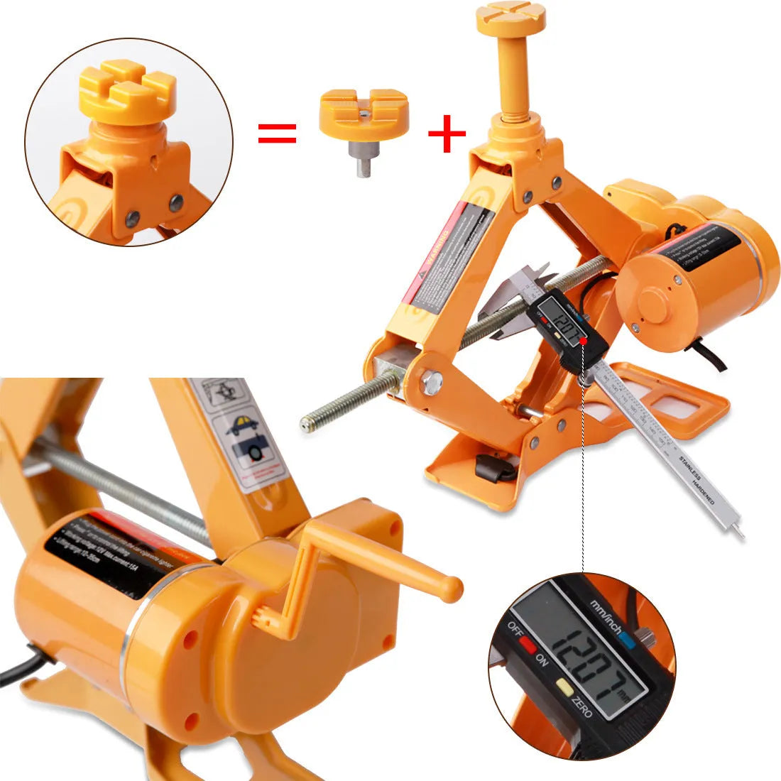 Yellow steel electric car jack set with wrench for roadside tyre changes