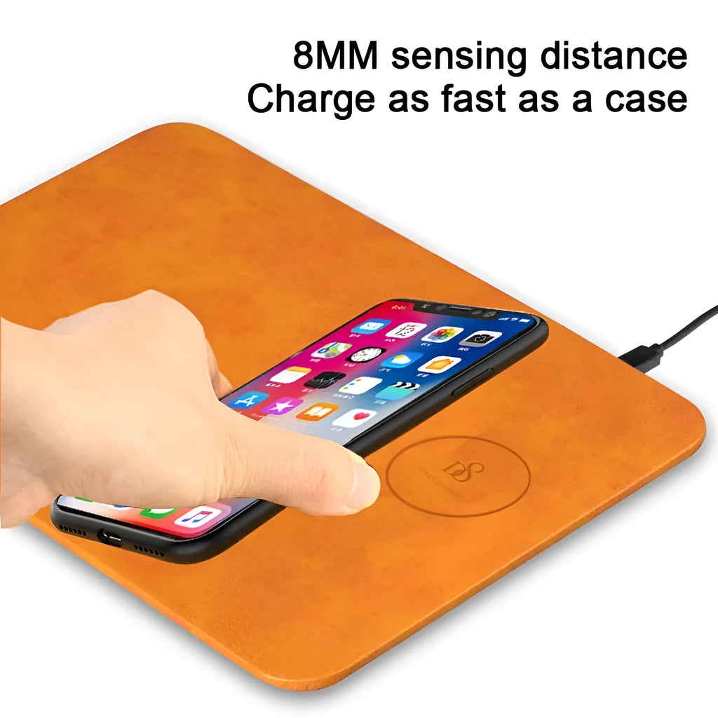 Brown leather wireless charging mouse pad with Qi fast charge capability