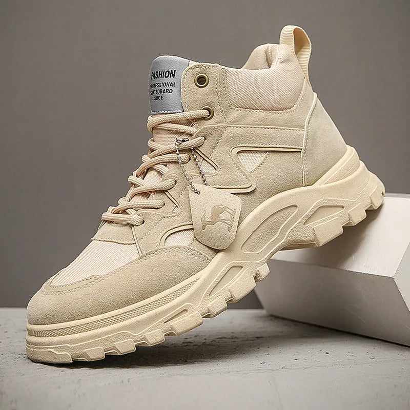 Men's thick sole high-top Martin boots in beige, side view showing lace-up and round toe