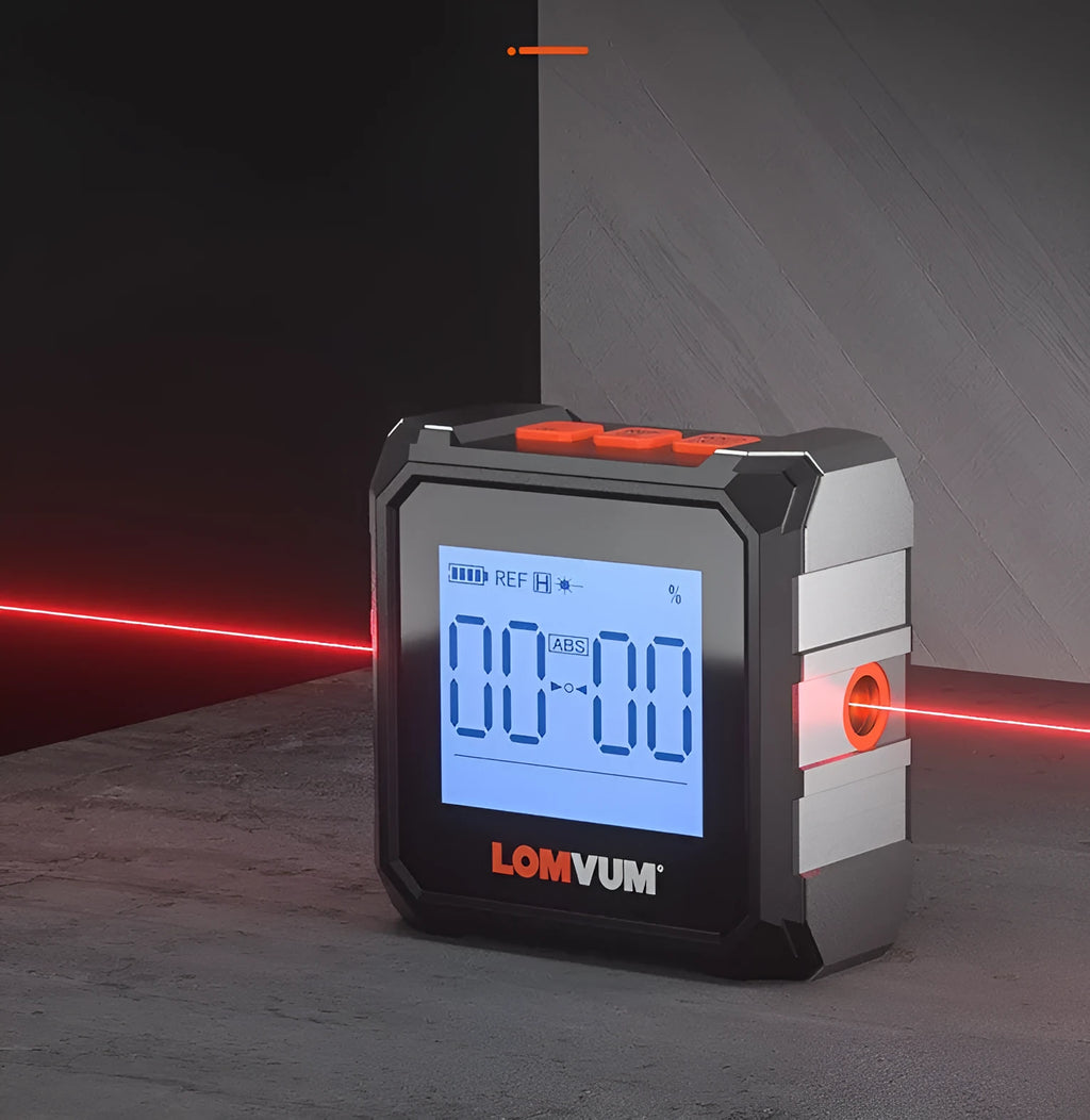 Black digital laser infrared tape measure with alloy casing and backlit display screen.