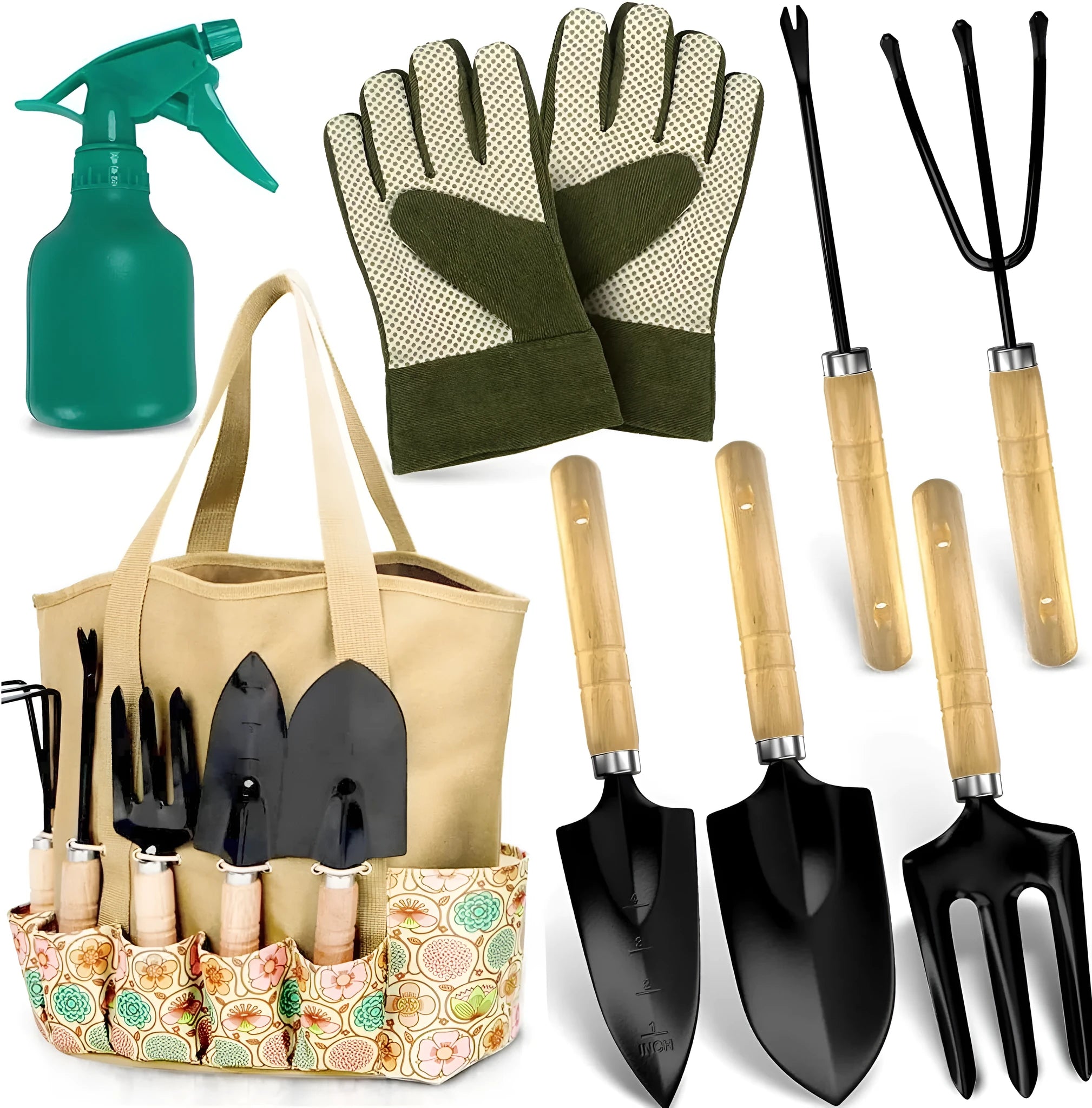 Eight-piece stainless steel garden tool set including pruning shears, trowel, cultivator, weeder, and gloves on wooden table
