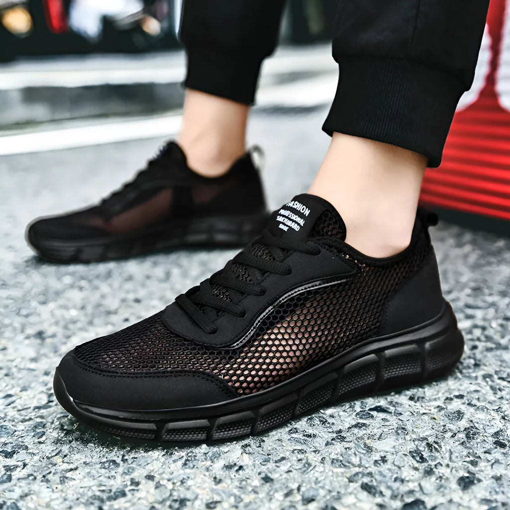 Men's breathable hollow mesh sports shoes in black, blue, and grey, sizes 37 to 48