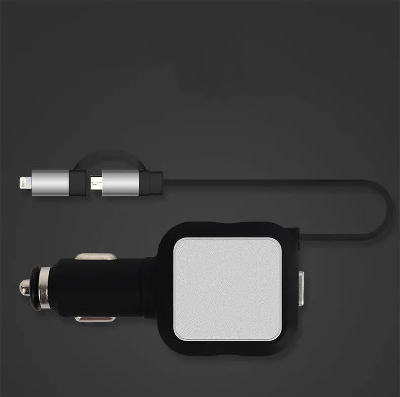 2 in 1 dual USB retractable car charger in black and silver with a retractable cable and two USB ports for mobile device charging
