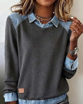 Denim collar long sleeve pullover patchwork knitwear top in street fashion style, available in multiple colours