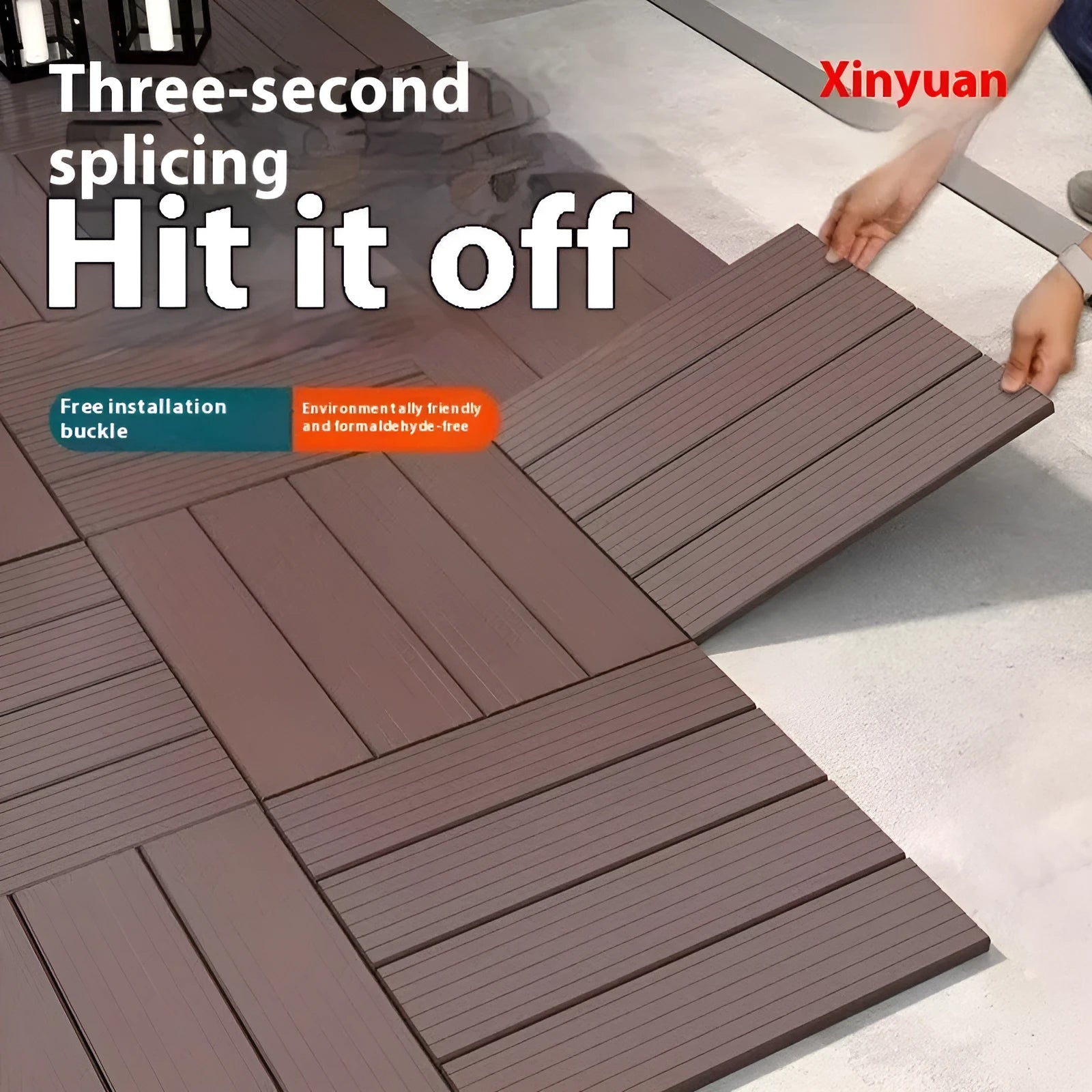 Plastic interlocking floor tiles in wood grain finish showing non-slip surface and edge connection.