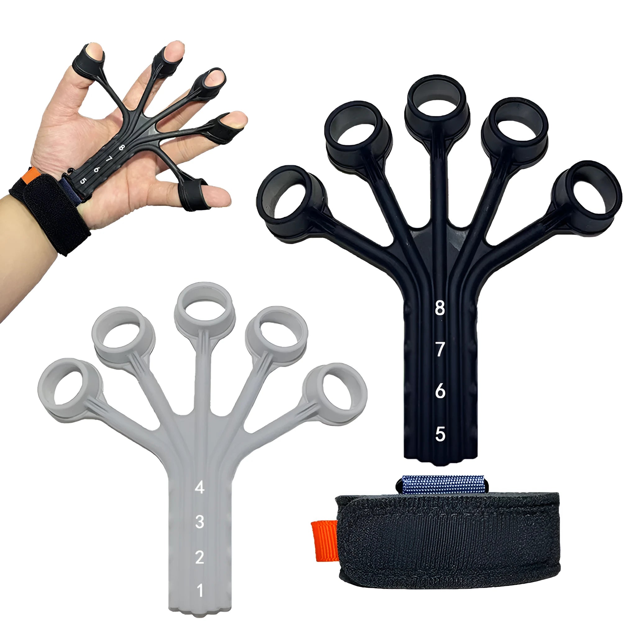 Silicone finger flexion and extension rehabilitation trainer with adjusting belt.