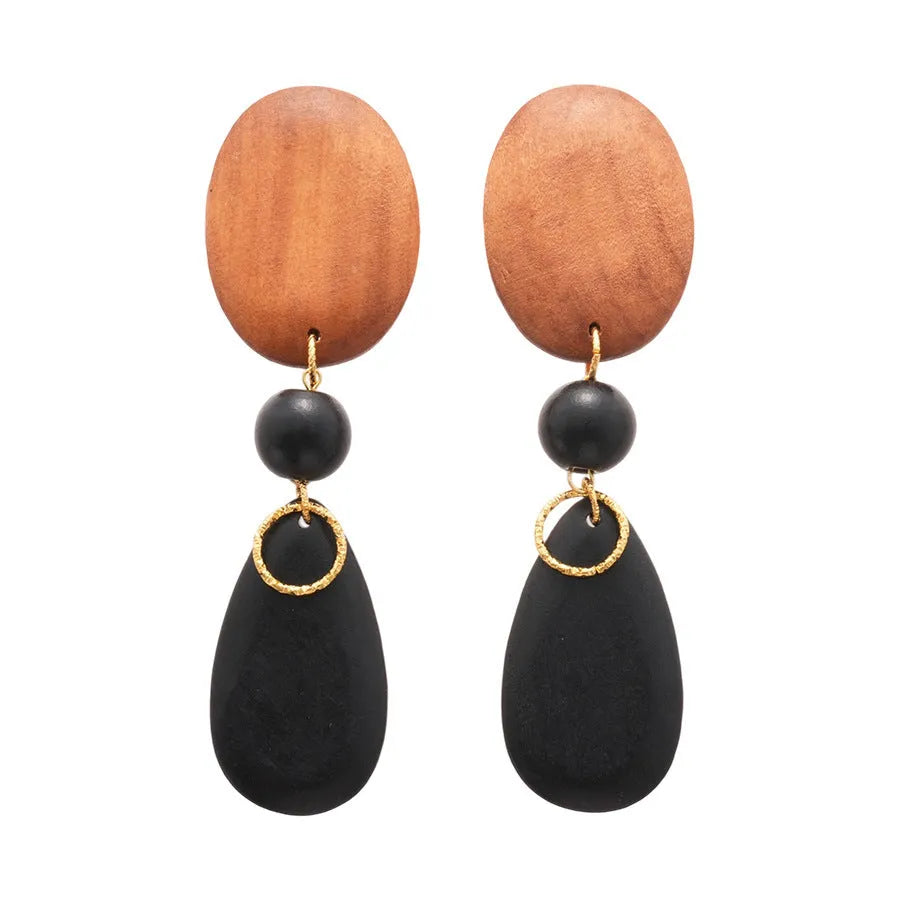 Handmade wooden elliptical earrings in silver needle-brown-black colours with retro European American style