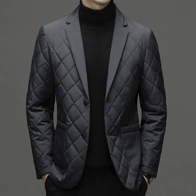 Men's solid colour down jacket with cardigan lapel and side seam pockets in winter setting