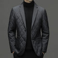 Men's solid colour down jacket with cardigan lapel and side seam pockets in winter setting
