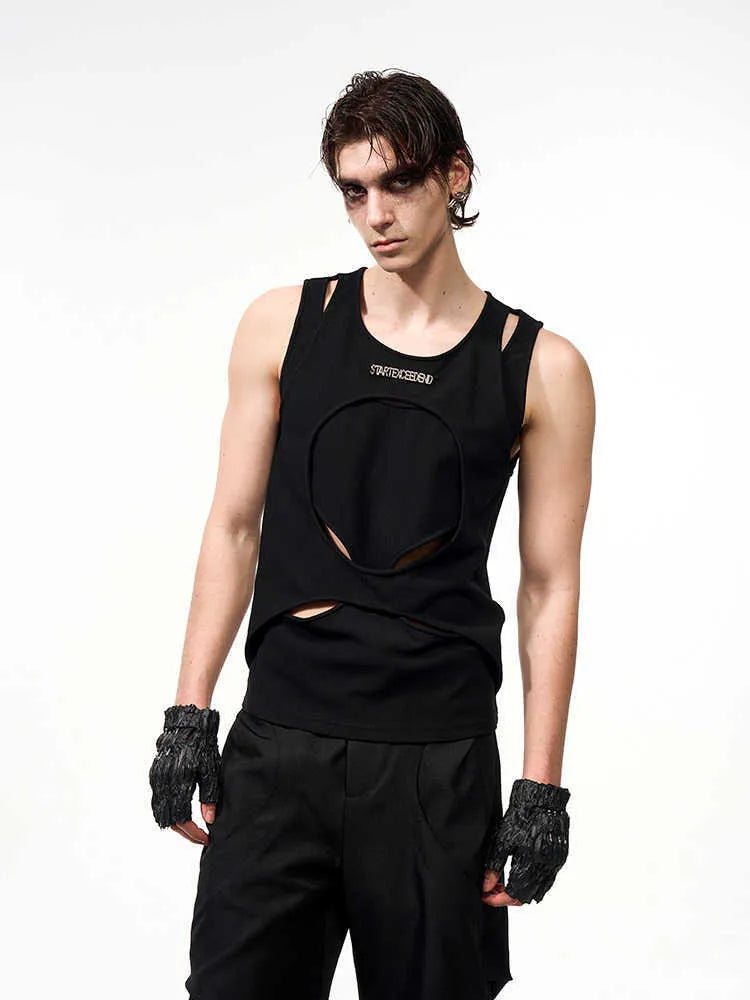 Men's loose-fit sleeveless vest in white shown on a hanger, featuring a round neck and pullover style.