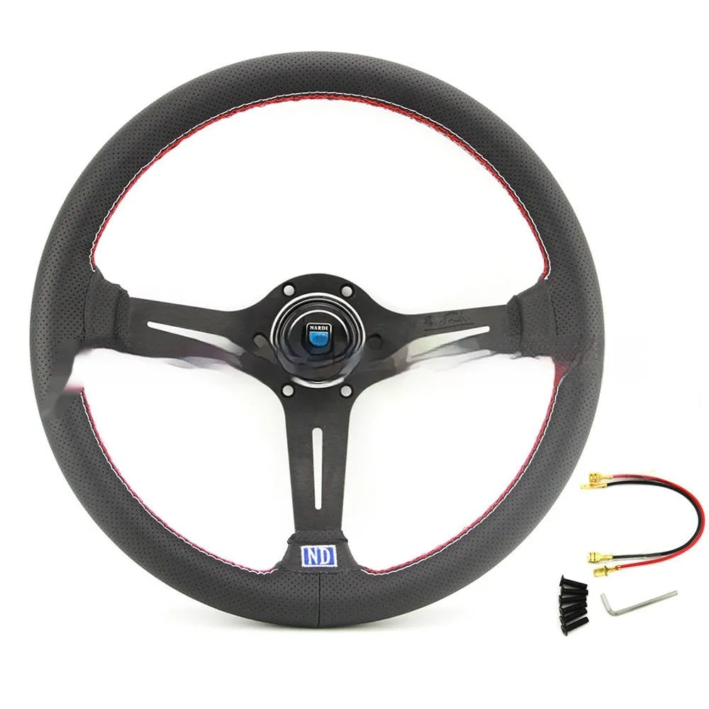 14-inch leather steering wheel with concave middle grip in black skeleton frame
