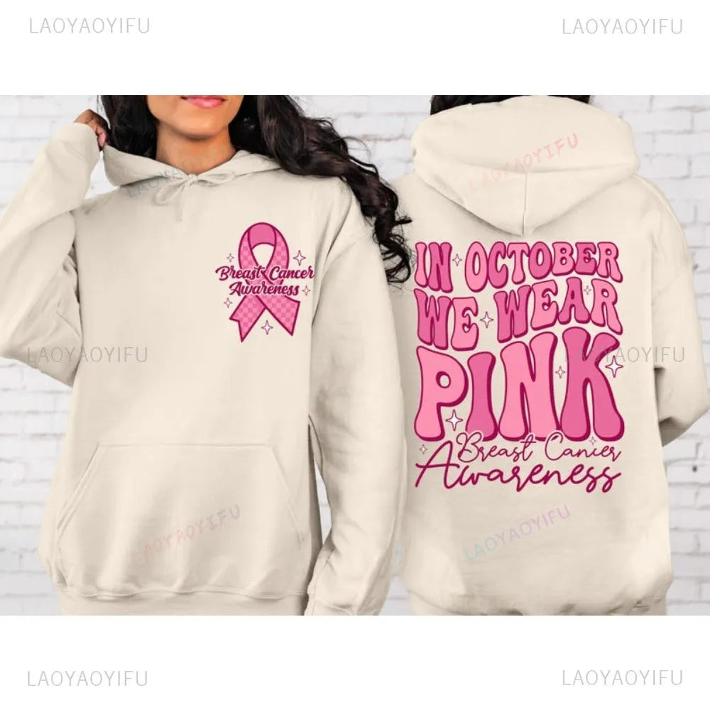 Breast Cancer Awareness pullover hoodie with retro art print and side seam pocket