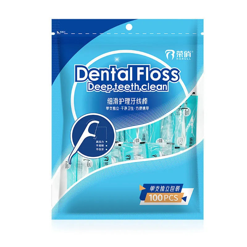 Disposable dental floss in plastic packaging with multiple style options and 100 or 108 pieces per bag