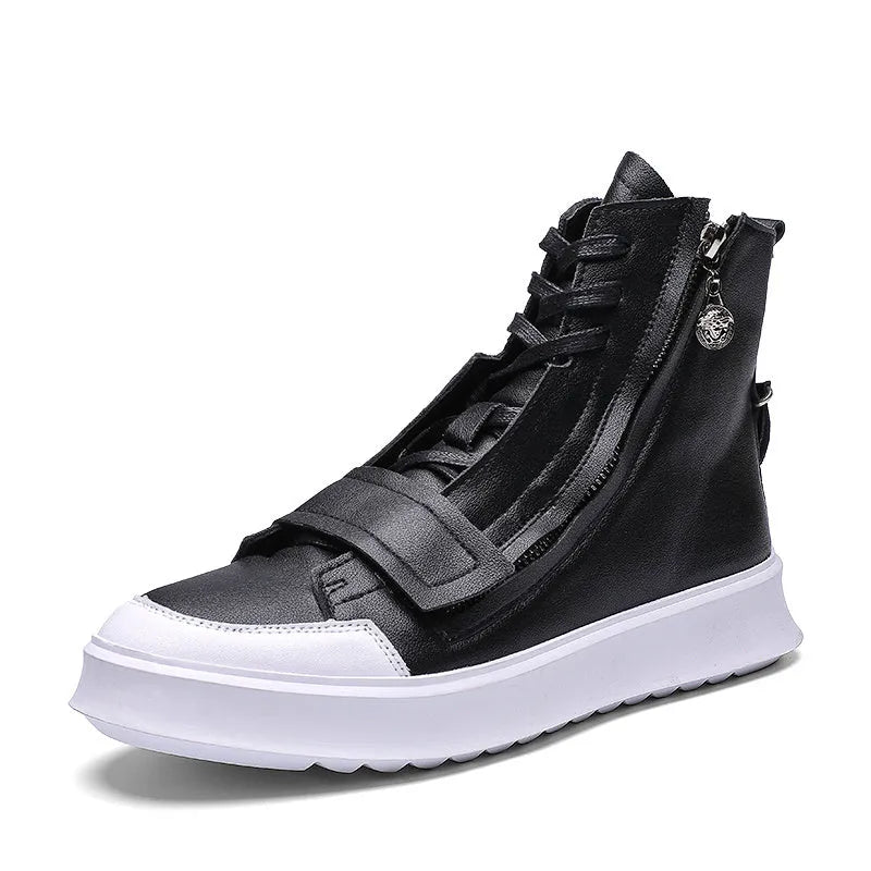 Men's black PU leather ankle boots in a high-top sneaker winter style