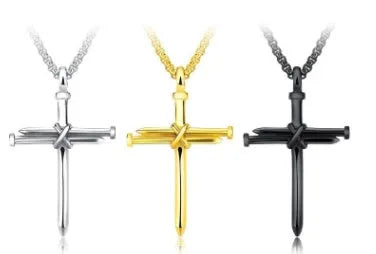 Titanium steel cross nail pendant necklace for men in silver finish on display