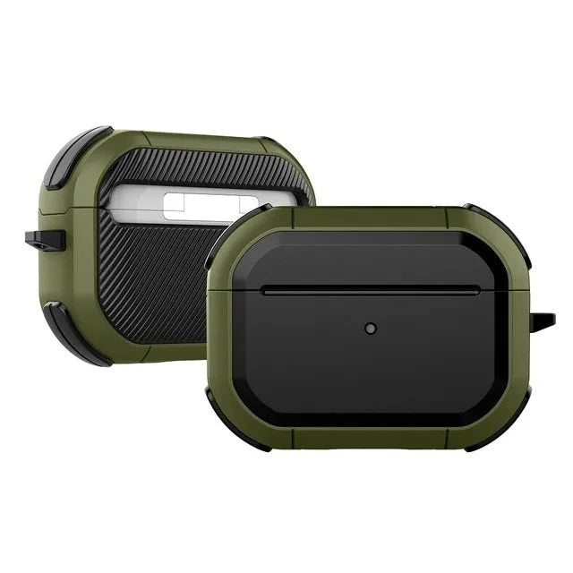Hard protective shell case for Apple AirPods shown in multiple colours: black, red, pink, green, and yellow.