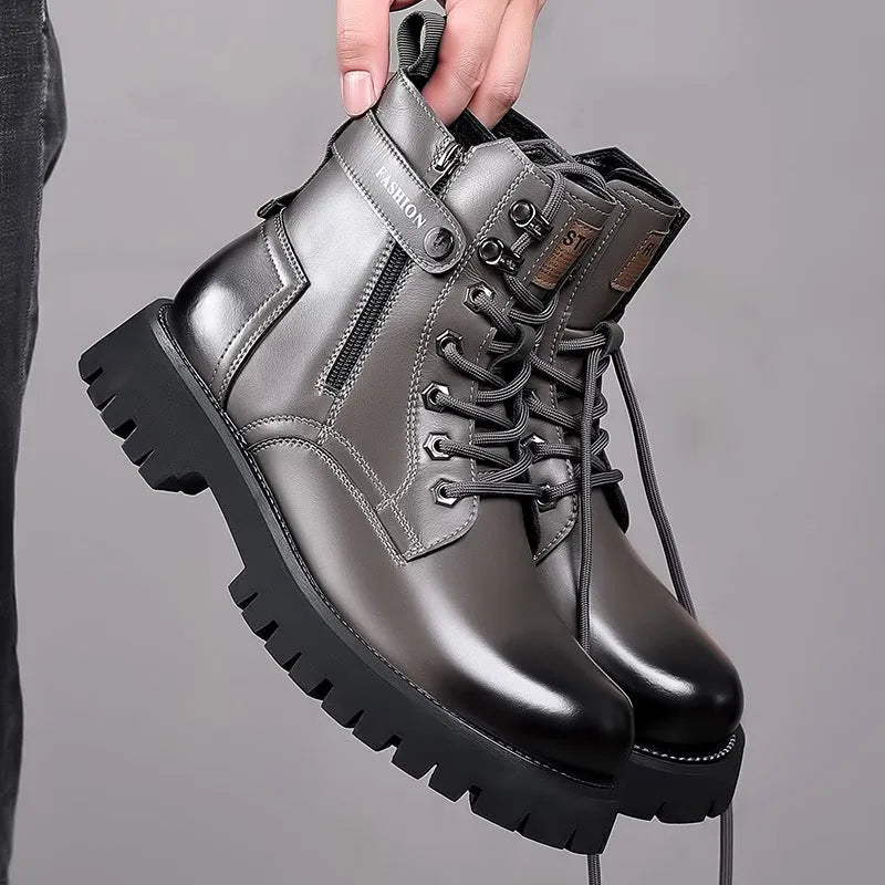 Light brown men's high-top Martin boot with side zipper on a thick rubber sole.