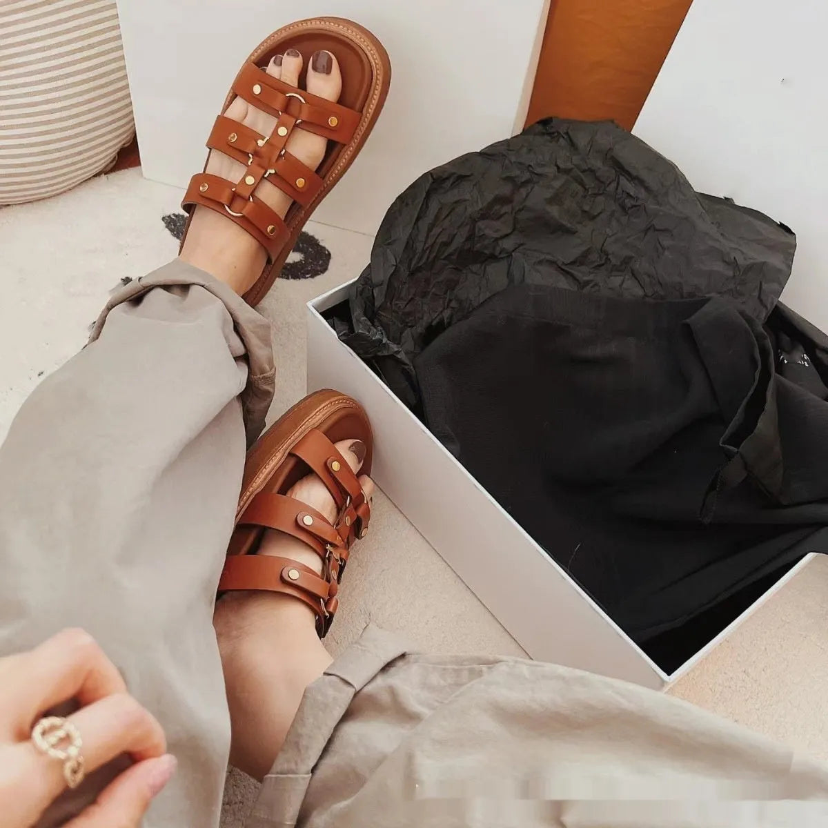 Women's retro Roman style sandal slippers in patent leather sheepskin available in white, black and brown colours