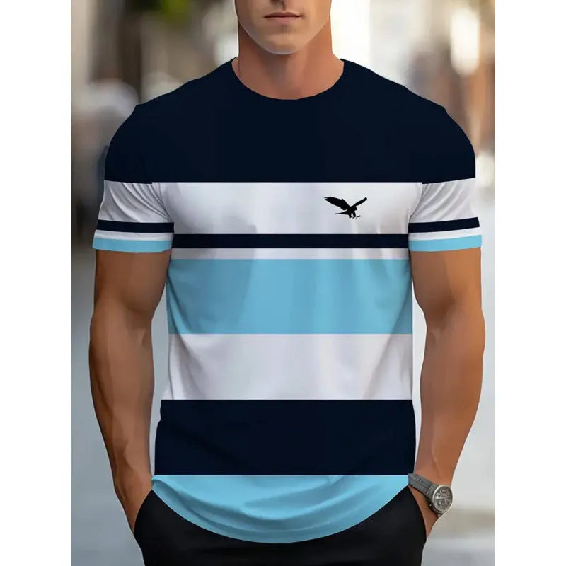 Men's loose grey T-shirt with colourful 3D printed vertical stripes, short sleeves, casual fit