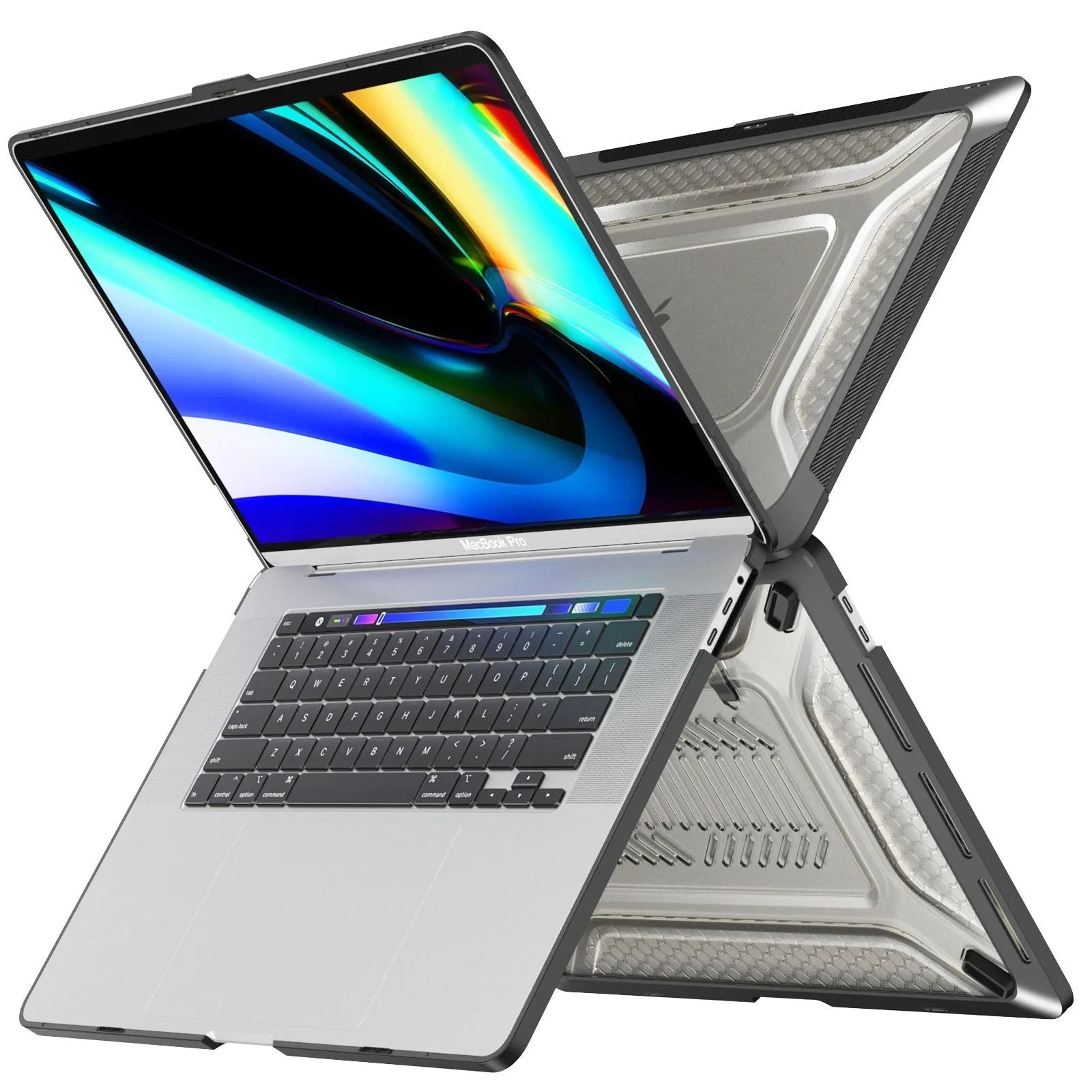 MacBook protective shell case in four colours: cool black, starry sky grey, elegant apricot, and sapphire blue.