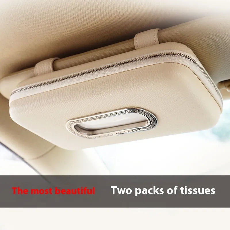 PU leather hanging car tissue box in beige diamond colour, designed for vehicle interior storage