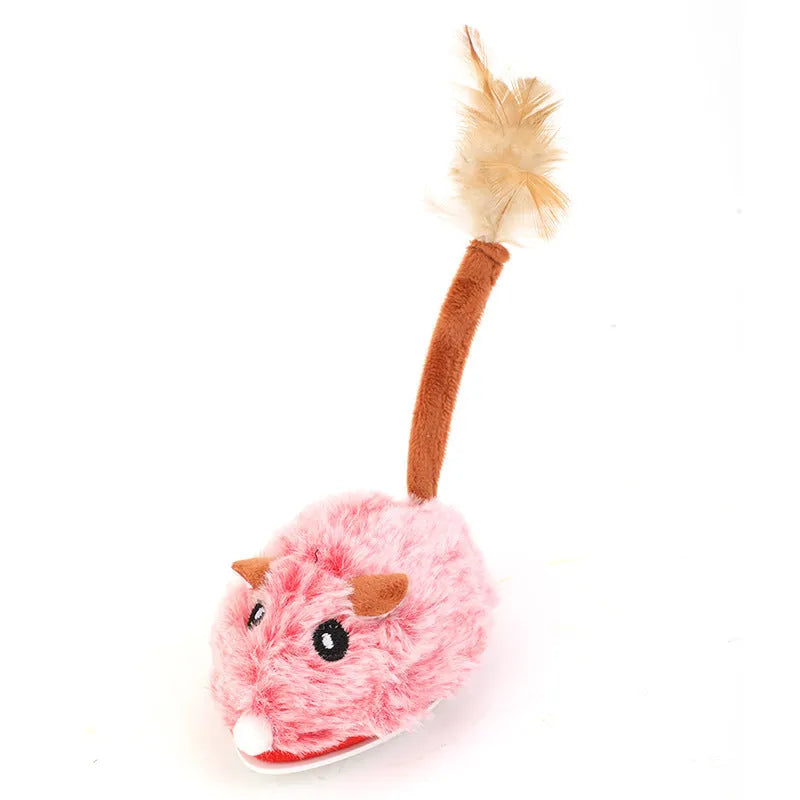 Self-moving electric plush mouse cat toy in pink with Type C charging port