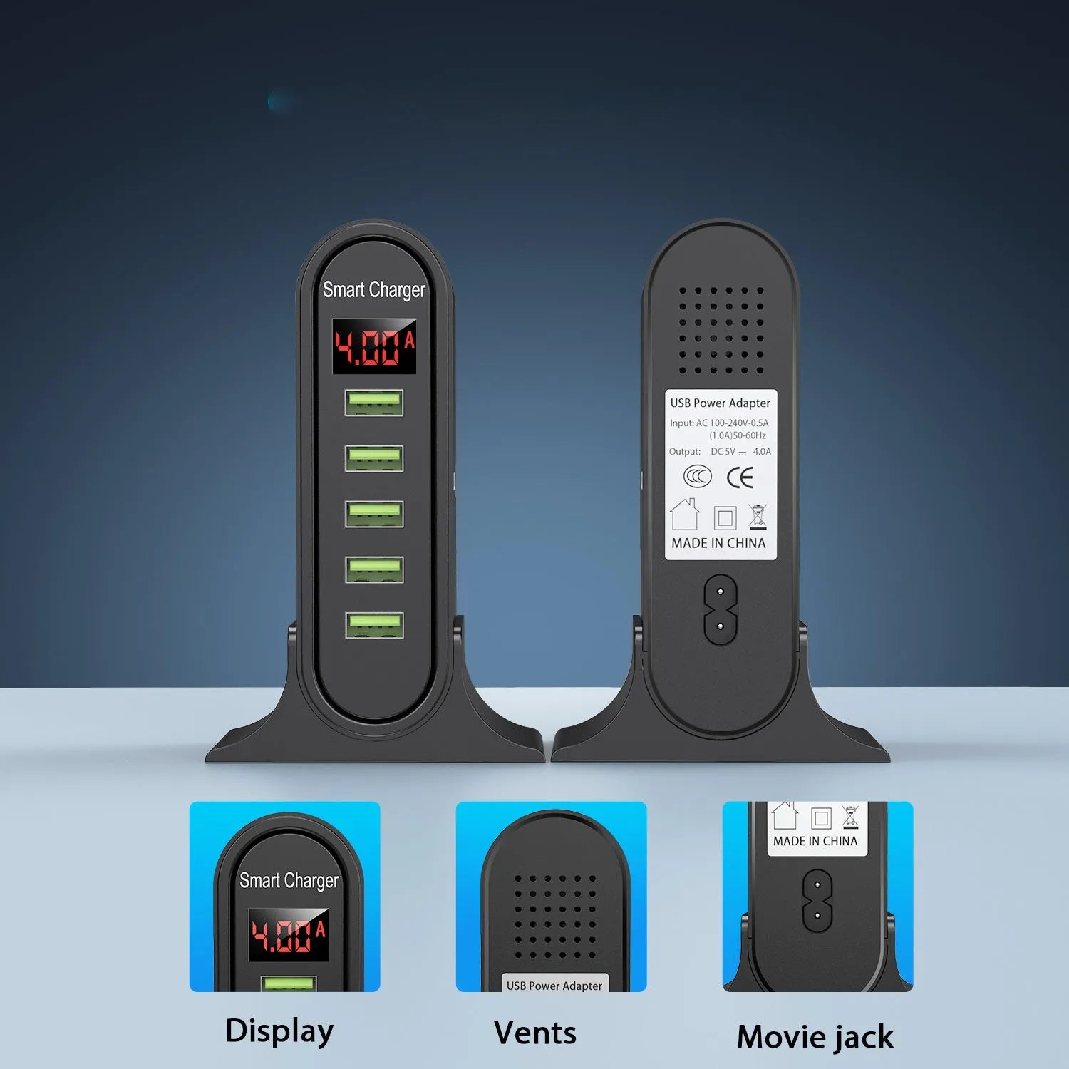Smart LED digital display charger unit showing USB port and indicator light