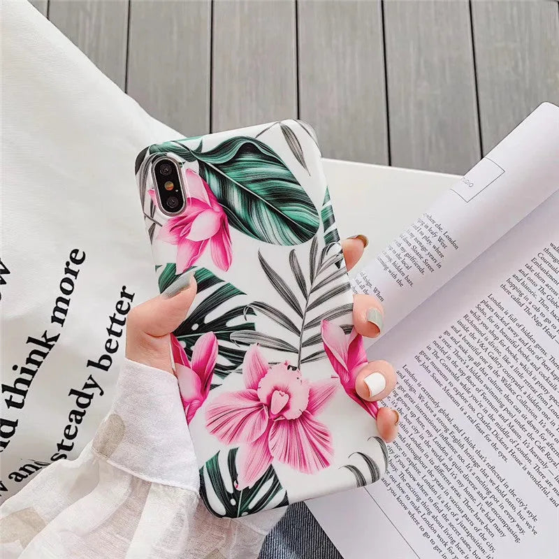 Pink floral TPU phone case back cover for iPhone, simple design, slim fit
