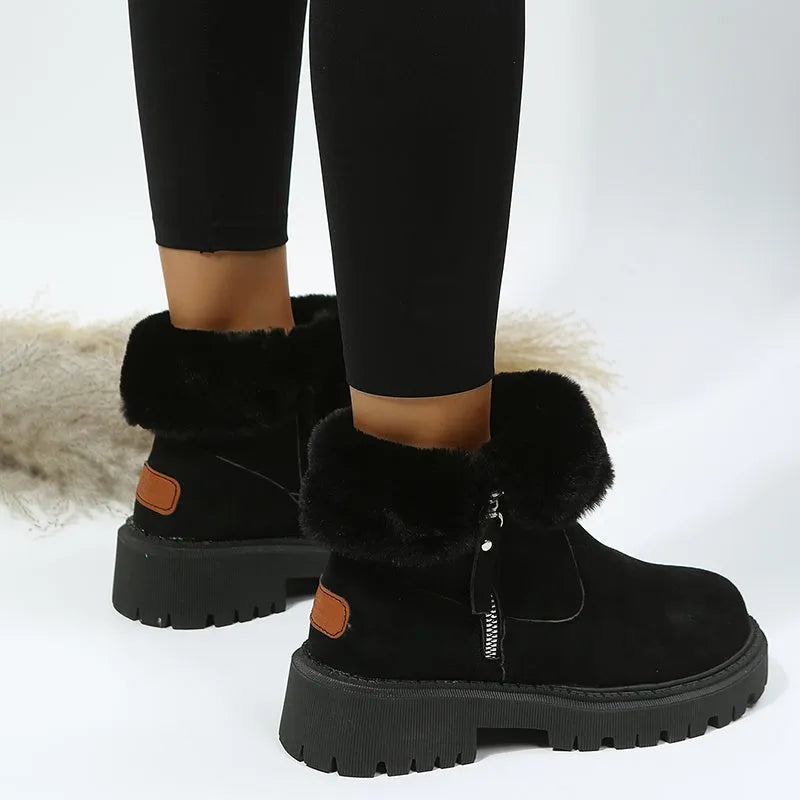 Women's black thick plush high-top snow boot with side zip and non-slip rubber sole.