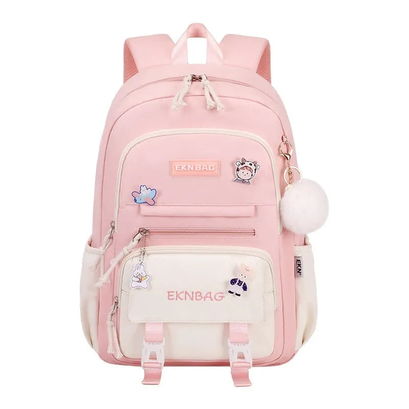 Girls' waterproof school backpack in Oxford cloth with curved shoulder straps, shown in a solid colour.