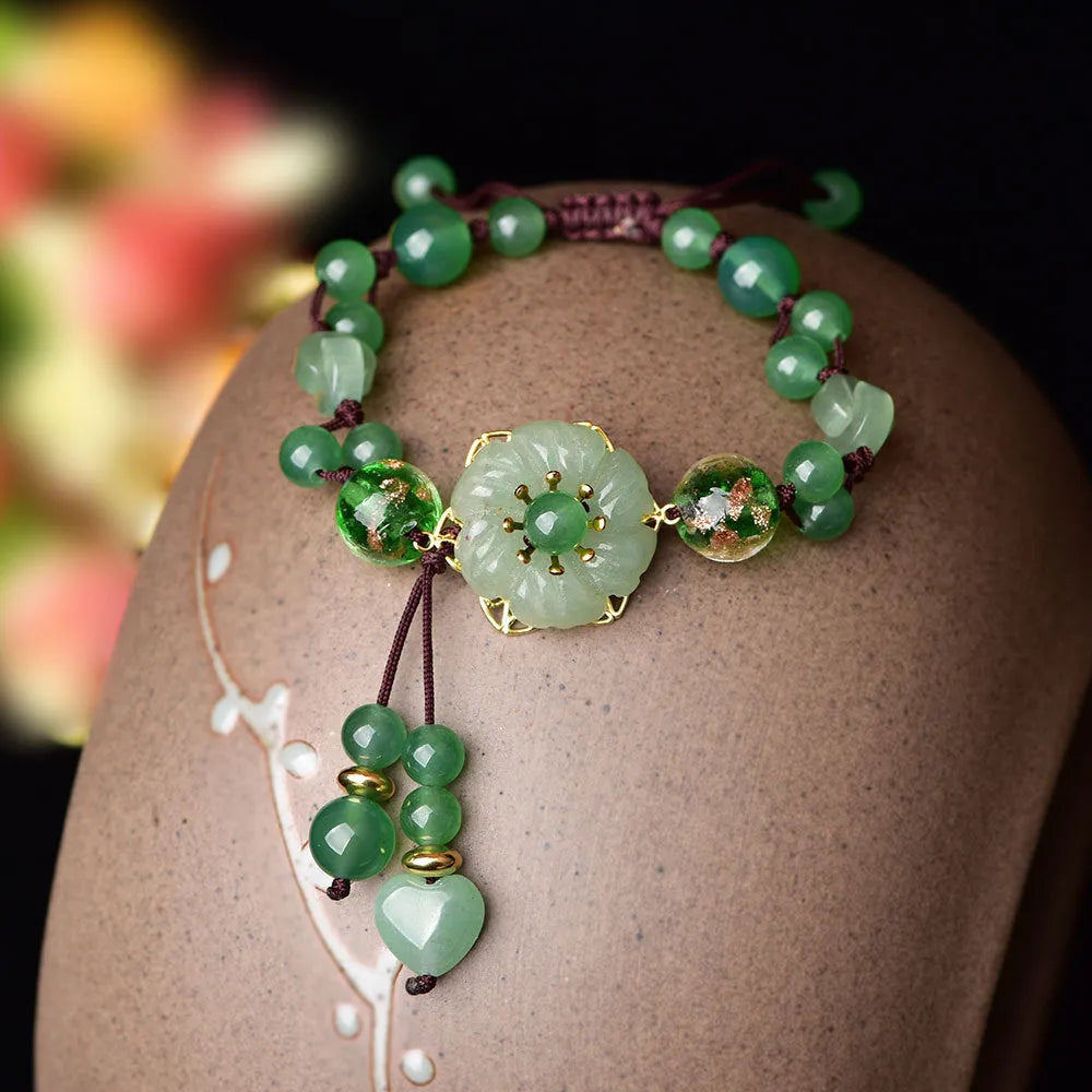 Hand-woven Chinese style bracelet with auspicious patterns in flower shape, mixed material, two colour options