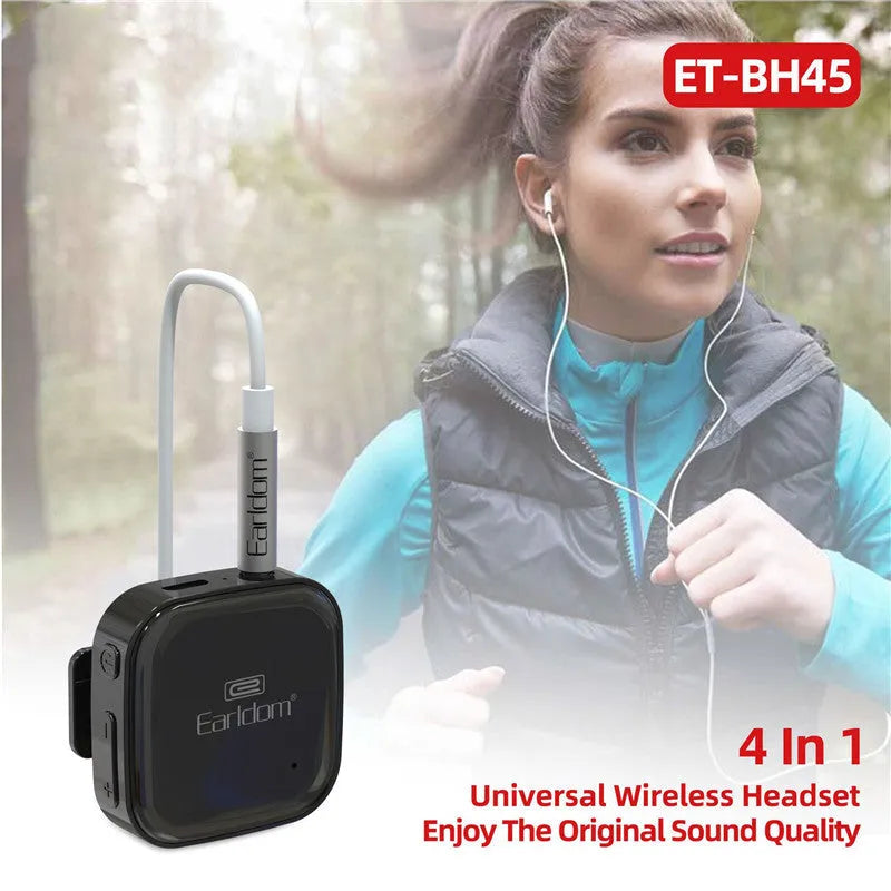 Black lavalier-style Bluetooth audio receiver for wireless headphones with a 10m range.