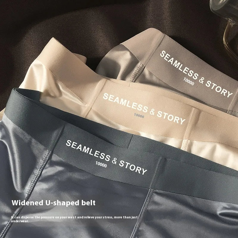 Men's Ice Silk satin-finish underwear in mid waist style, showing solid colour options including coffee, light grey, white, and blue.