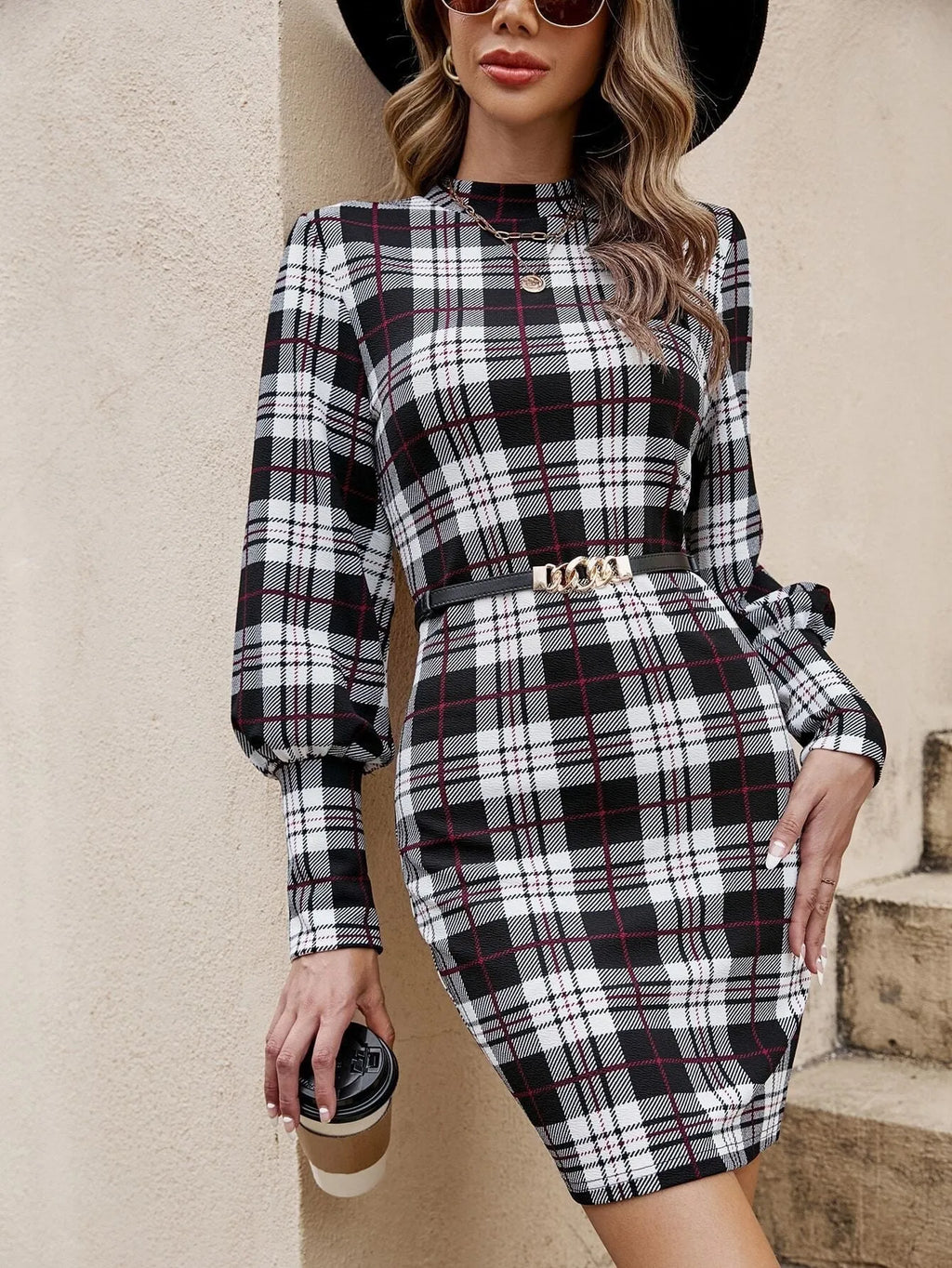 Black lantern sleeve tight dress with printed pattern and leather stitching detail, mid-length design with mid waist